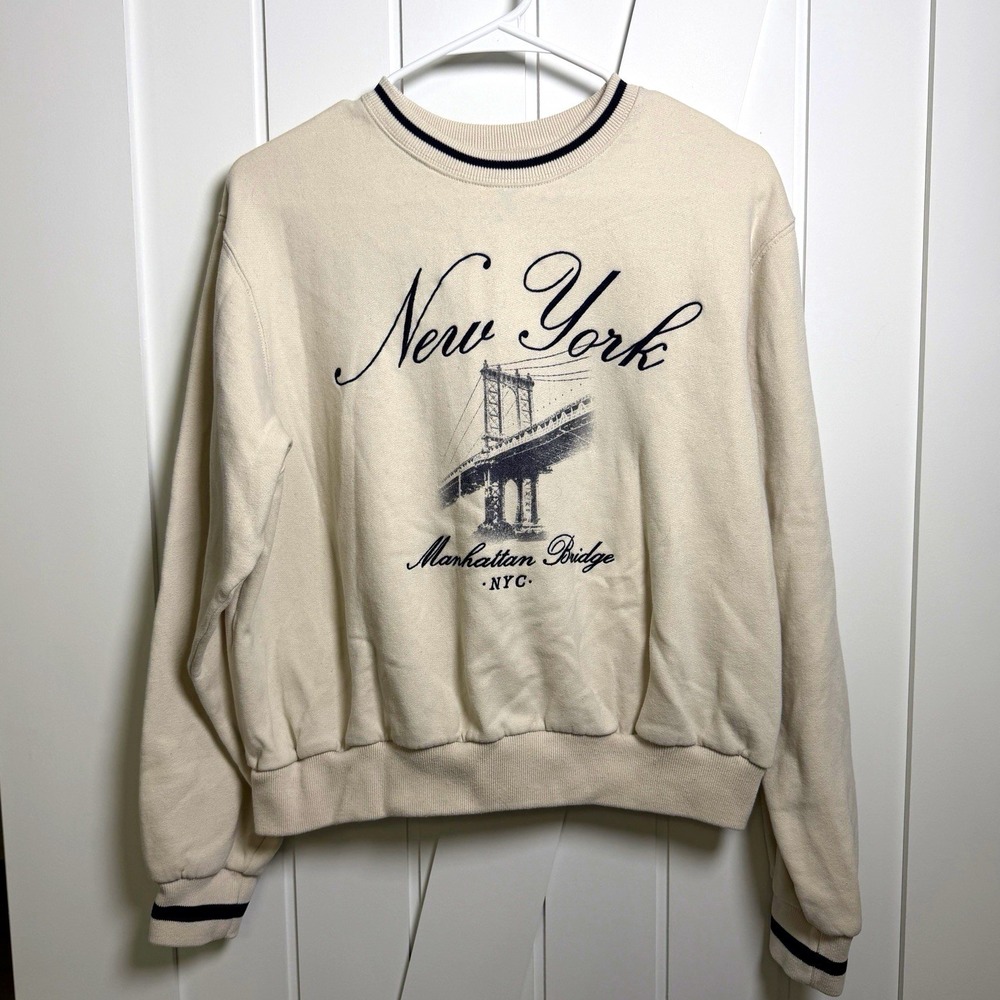 Hollister Crewneck Graphic Sweatshirt Beige XS New York Women's Preppy 90s